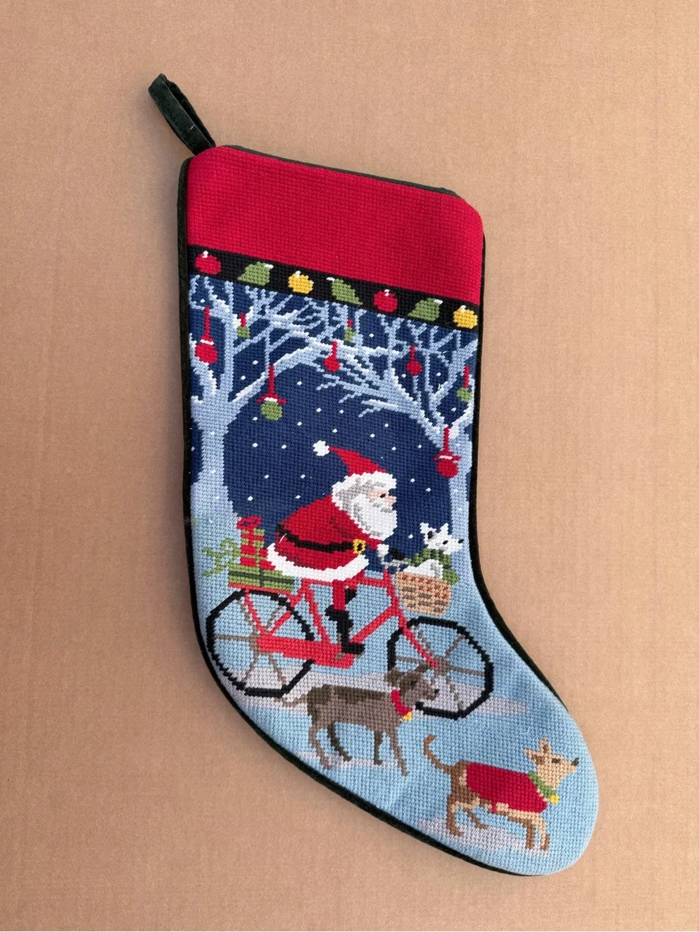 Vintage Needlepoint Christmas Stocking Santa Bicycle Dogs Velvet Back 18